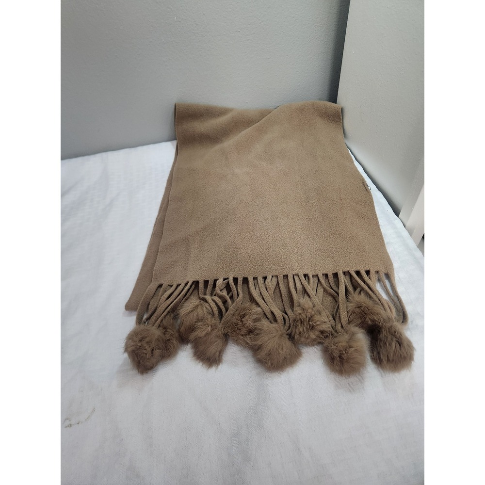 Camel Tan Fleece Scarf with Faux Fur Pom Pom Fringe Trim One Size